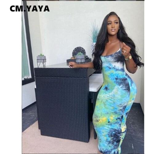 CM.YAYA Women Long Dress Tie Dye Sleeveless Strap O-neck Stretchy Bodycon Maxi Dresses Sexy Fashion Party Vestidos Summer Outfit