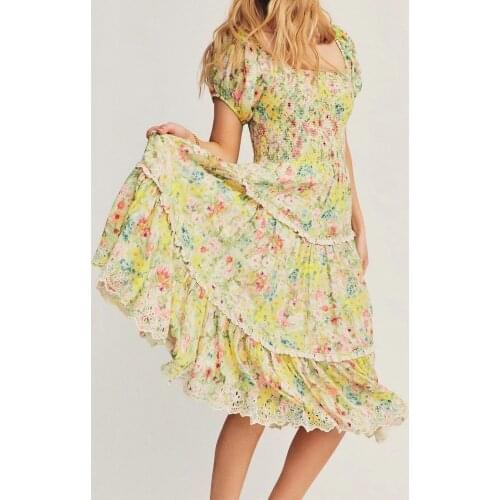 2021 Summer women Lace Ruffle hem Dresses Fashion Party Elastic Bandage Printed floral Vestidos puff sleeve Bohemia Midi Dress