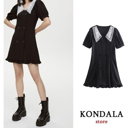 KONDALA Za 2021 Women Dress Lace Collar Stitching Double Breasted Dress Sweet Mini Dress Long Sleeve Holiday Vestidos Mujer