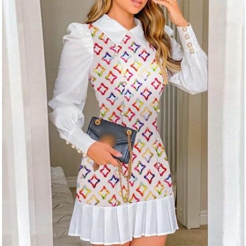 Women Vintage England Style Long Sleeve Mini Dress Autumn Elegant Turn-Down Collar Buttons Party Dress Casual Female Folds Dress