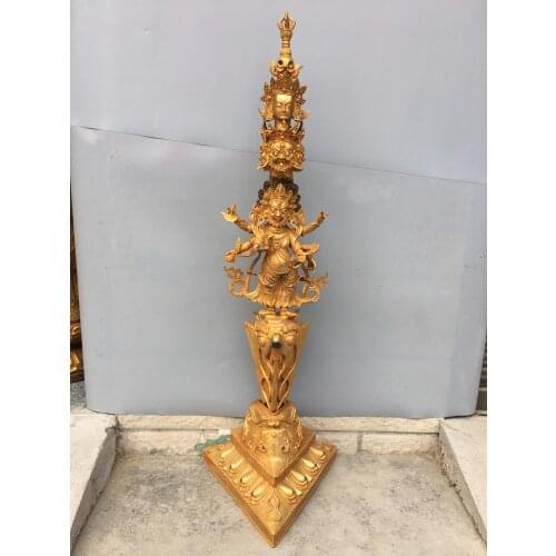 40" Tibet Buddhism Temple Gilt bronze Vajra Dorje Vajra Phurpa Guanyin head statue Mahakala Wrathful Deity Buddha Statue faqi