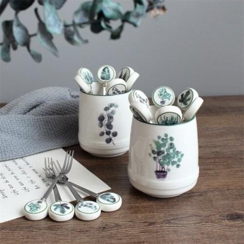 6Pcs/Set Nordic Stainless Steel Fruit Forks With Ceramic Holder Creative Food Picks Reusable Dessert Salad Forks Party Tableware