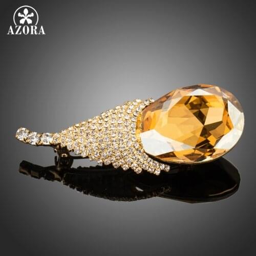 AZORA Large Vintage Maple Leaf Champagne Gold Crystals Brooch Pin Plant Costume Jewelry for Women Wedding Party Brooches TP0056