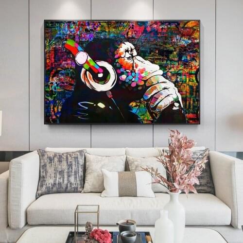 Banksy DJ Monkey Graffiti Art Paintings on the Wall Art Animals Canvas Prints Street Art Pictures Home Wall Decor Cuadros