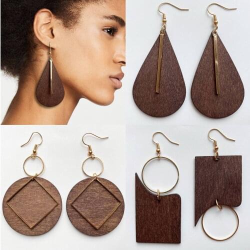 Free Shipping Metal Bar Pendant Natural Wood Teardrop Earrings for Women Simple Metal Line Square Earrings Jewelry Wholesale