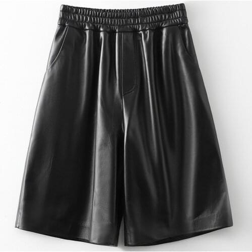 Casual Genuine Leather Loose Black Wide Leg Pants Womens Sheepskin Capris Trend 2021 Spring Fashion New Wear Calf-Length Pants