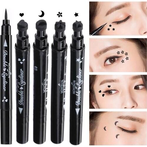 Double Head Eyeliner Stamp Black Eyeliner Pen Moon Star Heart Flower Eyeliner Stamp Liquid Waterproof Eyeliner Pencil