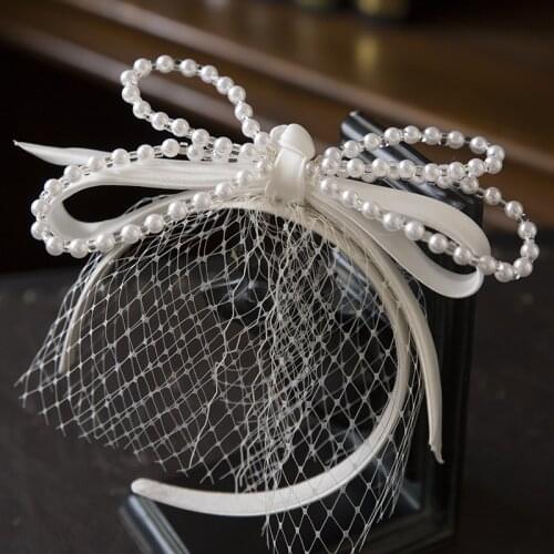 French Elegant Retro Luxury Pearl Satin Bow Veil Headband Bridal Headdress Wedding Banquet Accessories