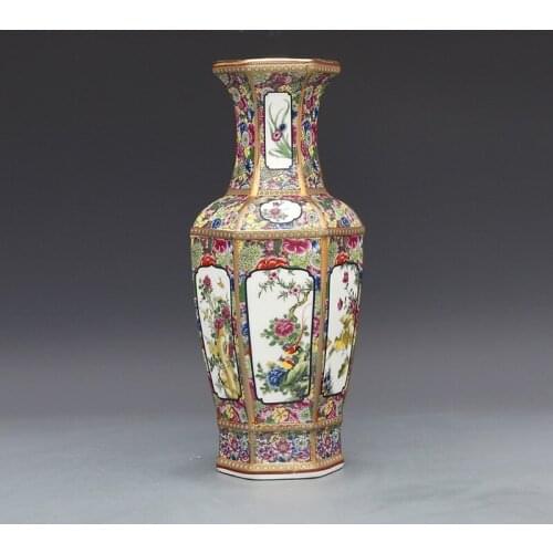 Hexagonal Flower and Bird Vase, Antique Porcelain Made in Qianlong Dynasty Hexagonal Vase Collection of Ancient Porcelain
