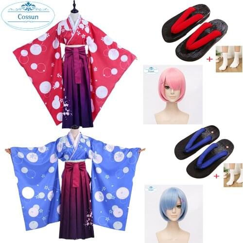 Cossun Anime Re Zero Ram Rem Kimono Cosplay Costume Halloween Party Costume Outfit wigs geta shoes