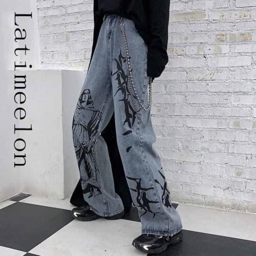 Latimeelon Summer Fashion Ins Street Hip-hop Printing Wash Jeans Loose Casual Harajuku Funny Denim Wide Leg Pants Tide Woman
