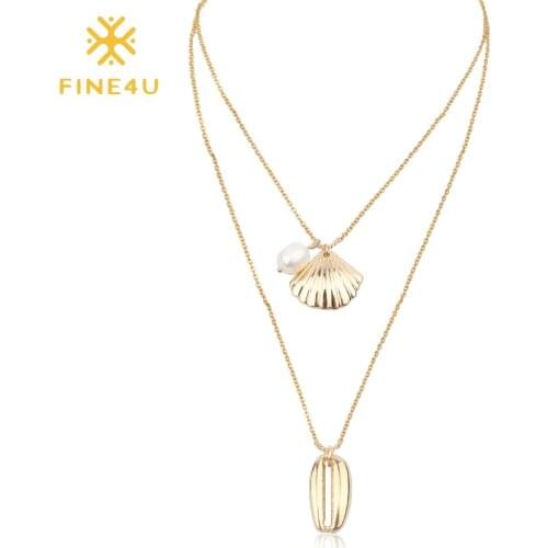 FINE4U N197 Summer Beach Jewelry Multi-Layer Natural Sea Shell Pearl Pendant Necklace Long Chain Necklaces 2019 New Boho Jewelry