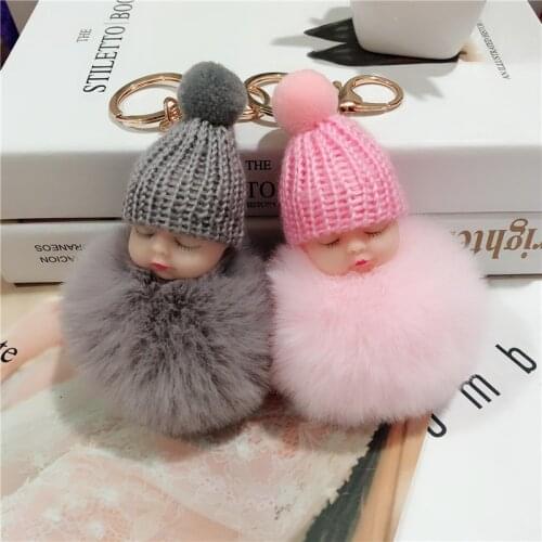 Cute Pompom Sleeping Doll Keychain Fur Ball Plush Key Chain Womens Bags Key Ring Handmade Keychains Pendants Toys for Kids Gift
