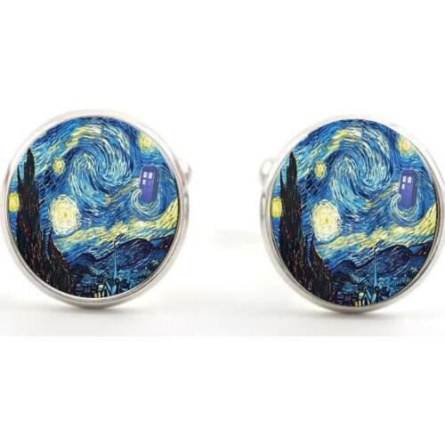 Fashion Van Gogh Art Painting Series Cufflinks Van Gogh Starry Night Crystal Glass Cabochon Cufflinks For Mens Wearable