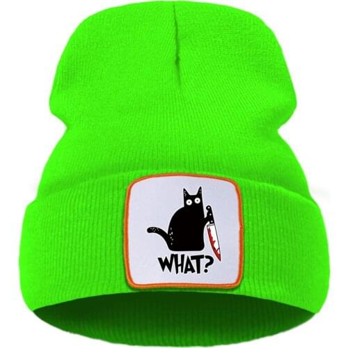 Cartoon Black Cat What Kawaii Printed Ski Unisex Hats Warm Casual Beanie Hat Soft Thick Knitted Hats Skullies Quality Hat