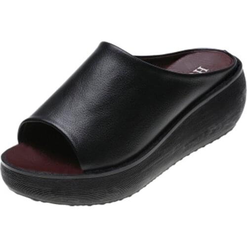 Fashion Shoes Women Slippers Platform Wedge Soft Leather Mules Open Toe Slides Summer Black White Sandals
