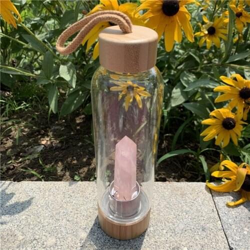 Wholesale natural rose quartz wand gemstone drink healing quartz stones infused elixir glass crystal water bottle