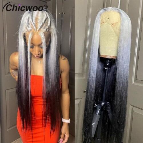 Straight Grey Human Hair Wig Ombre Colored Human Hair Wigs Brazilian Silver Grey 613 Lace Frontal Wig Human Hair Bleached Knots