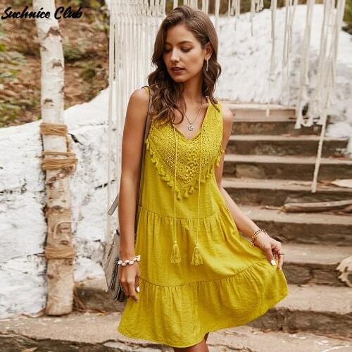 Summer Bohemian Loose Sexy Solid Color Fringed Strap Dress V-neck High Waist Sleeveless Maxi Dresses for Women Vestido Feminino
