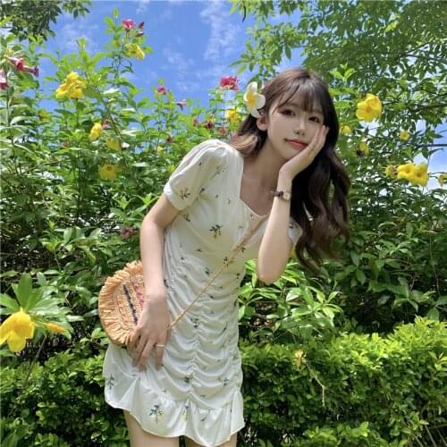 Dresses Women Square Neck Puff Sleeve Short Sleeve Floral Dress Female Summer New Style Skirt High Waist Casual Short Skirt