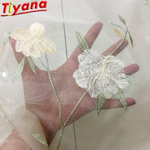 Luxury Embroidered Tulle Curtain for Living Room Chinese Classical Shiny Yellow Flower Eembroidery Transparent Gauze X-HM412#30