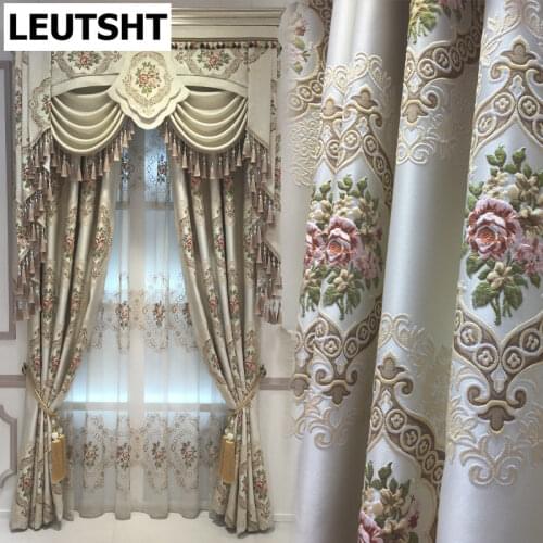 Beige Luxury European Curtains for Living Room 4D Embossed Embroidered Curtains High Shading Window Curtains for Bedroom