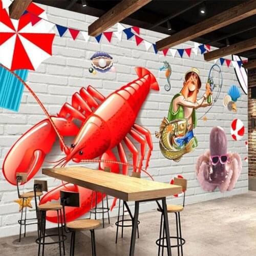 Custom Self-Adhesive Waterproof Mural Wallpaper 3D Crayfish Graffiti Brick Wall Seafood Restaurant Background Wall 3D Stickers