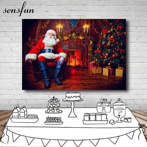 Sensfun Santa Claus Sitting In A Chair Fireplace Christmas Tree Backdrops Indoor Night Photography Backgrounds Customized