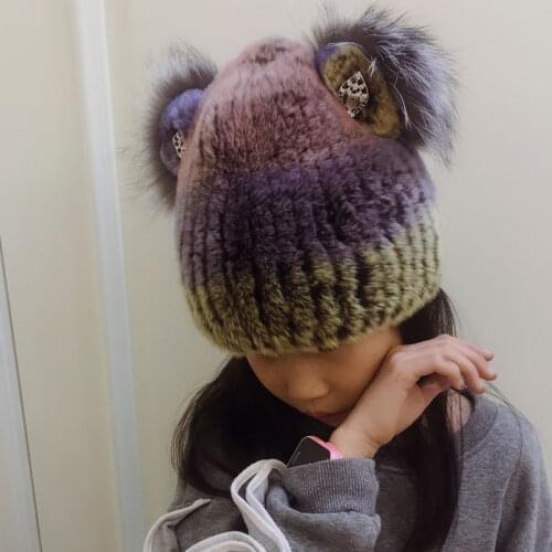 Rex rabbit fur hat real fur cat ear hat girls beanies with diamond Kids hand knitted skullies 42-52cm