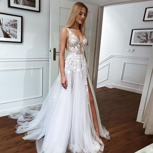 Bride Sexy Plunging Neckline Side Slit French Floral Lace Beach Wedding Dress Bridal Gown