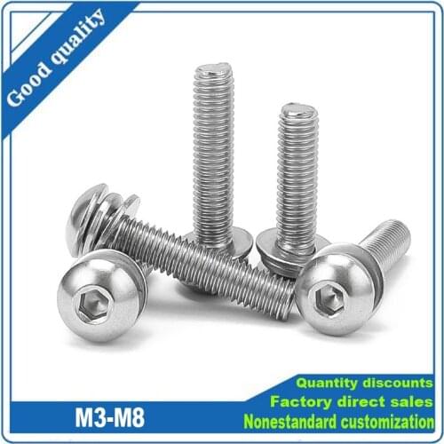 1/50 M3 M4 M5 M6 M8 304 A2 Stainless Steel Hexagon Hex Socket Button Head SEM Screw Flat With Washer Spring Gasket Assemble Bolt