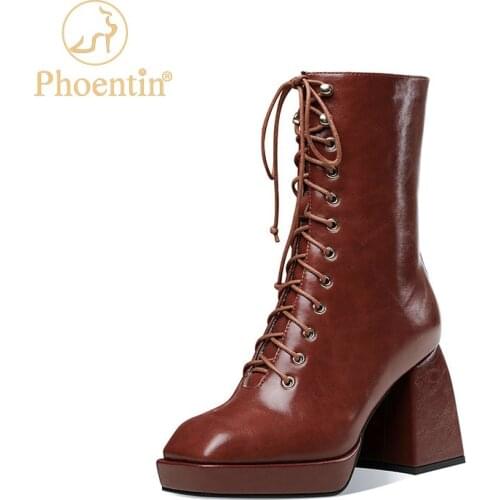 Phoentin retro brown boot winter mid calf square toe real leather platform shoes womens chunky heel cross tied boots FT1297