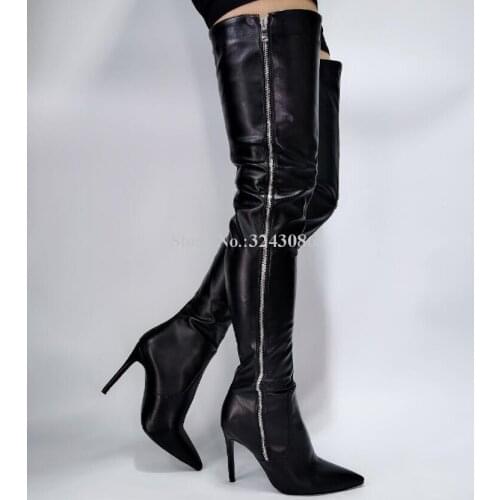 Lady Side Zipper Decor Long Boots Sexy Black Leather Stiletto Heel Over the Knee Boots Fashion Design Thigh High Boots