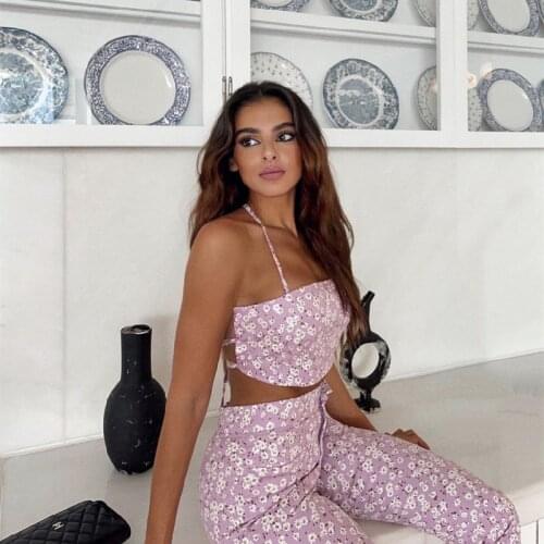 Woman Sweet Purple Floral Backless Camisole Suits 2021 Summer Casual High Waisted Pants Suit Girls Y2K Slim Matching Sets