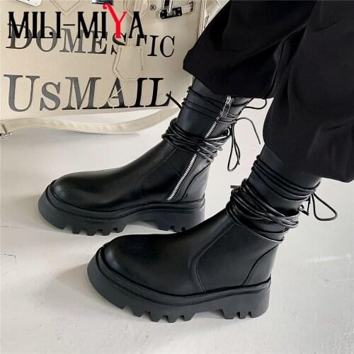 MILI-MIYA Fashion Special Design New Ankle Boots High Quality Genuine Leather Zipper Lace Up Handmade Thick Bottom Round Toe Sho