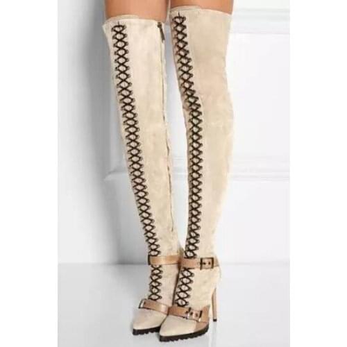 Sexy Stretch Buckle Women Over The Knee Boots Lace-up Black Beige Suede Winter Long Boots Winter Tight High Boots Pointed Toe