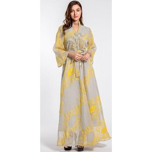 Sequnins Jalabiya for Women Golden Embroidered Gauze Mesh Belted Muslim Hijab Dress Dubai Arabic Oman Ethnic Abaya Eid Party
