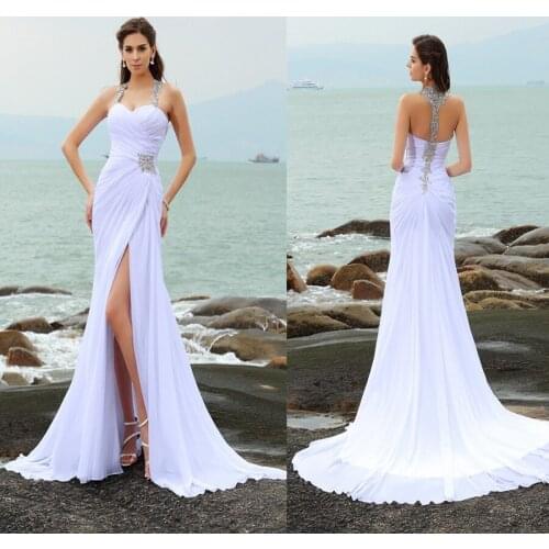 Sheath/Column Straps Beading Sleeveless Long Chiffon Beach Wedding Dresses Front Slit White Crystals Bridal Dress vestidos de