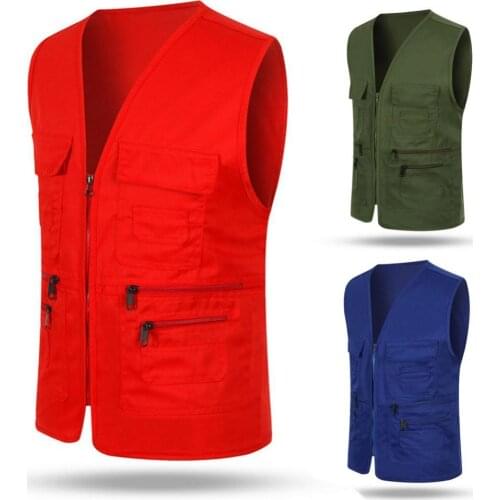 Solid color Men Sleeveless Vest Top Casual Multi-Pocket Loose Jacket Coat Outdoor Fishing Photographing Cameraman Waistcoat 3XL