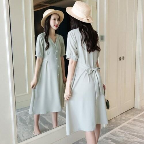 1949# Maternity Clothes Summer V Neck Chiffon Short Sleeve Easy Matching Loose Stylish Dress for Pregnant Women Mom Dress