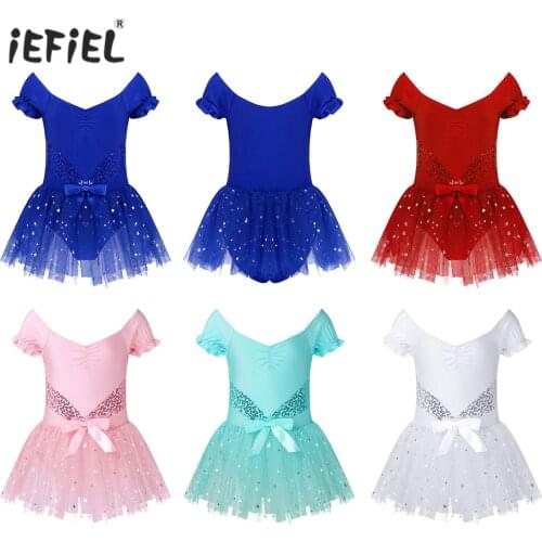 Girls Sparkly Sequin Dancewear Short Sleeves Bowknot Ballet Tutu Dance Dress Gymnastics Costume Shiny Star Mesh Ballerina Dress