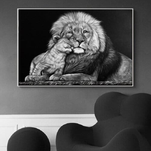 Large Black White Creative Animals Lion King Family Love Poster Prints Wall Art Canvas Paintings Pictures Living Room Home Decor