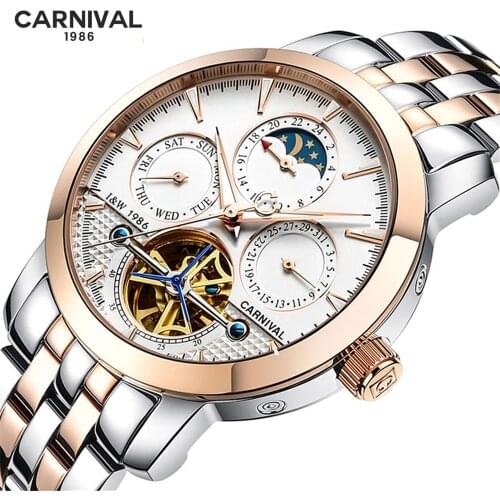 CARNIVAL Multi-rotating tourbillon Business Full Steel Men Watch Tourbillon Automatic Mechanical Brand Luxury Skeleton Watches