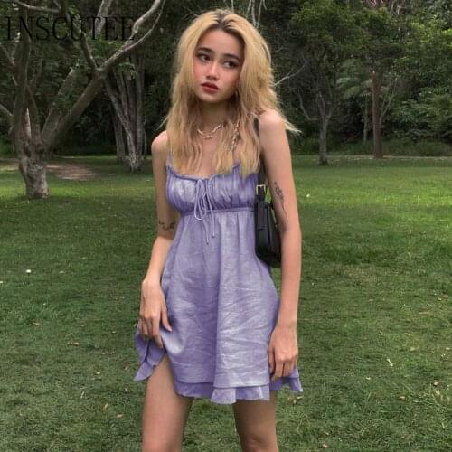 Inscutee Summer Beach Dress Women Y2k Aesthetic Cottagecore Lace Up High Waist Fairycore Mini Dress Sweet Cute Purple Partywear