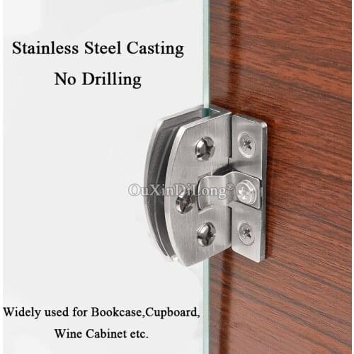 HOT 2PCS 304 Stainless Steel Glass Cabinet Hinges Shopping Mall Jewelry Phone Display Wine Cabinet Door Hinge Clamps No Drilling