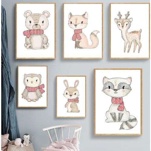 Cartoon Animal Bear Deer Rabbit Fox Owl Wall Art Canvas Painting Nordic Posters And Prints Wall Pictures Baby Kids Room Decor