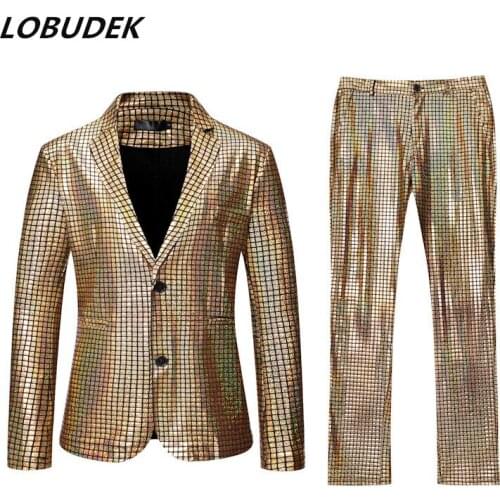 Mens Plaid Suits Rainbow Gold Silver Laser Blazers Pants 2-Pieces Set Bar Male Singer Hip Hop Dancer Stage Show Dance Outfits