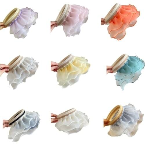 N7MF Sweet Girls Sun Protection Hat Straw Hat Multilayer Wavy Tulle Sun