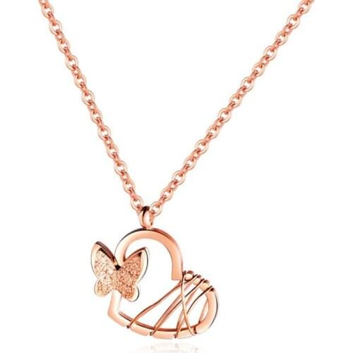 Stainless Steel Minimalism Rose Gold Butterfly Pendant Necklace Jewelry Matt Polish Insect Heart Necklaces Jewelry Gift For Him