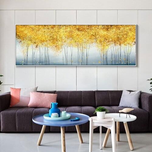 Nordic Art Abstract Golden Leaves and Money Tree Oil Painting on Canvas Posters For Living Room Canvas Mural Modern Simple Room